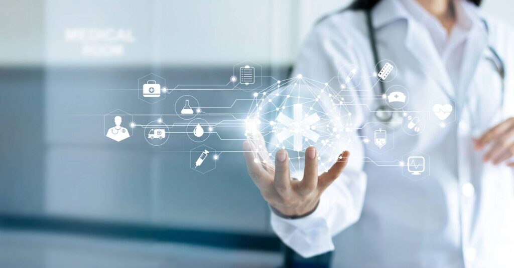 Technology Innovation and medicine concept. Doctor and medical network connection with modern virtual screen interfacein in hand on hospital background
 (Technology Innovation and medicine concept. Doctor and medical network connection with modern vir